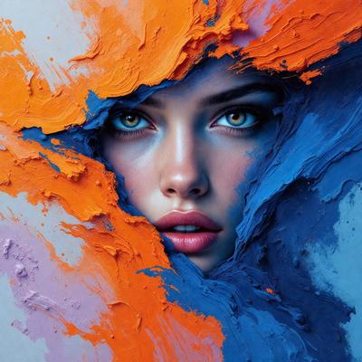 The primary subject of the image is a woman with blue eyes, who is looking at the camera. She is surrounded by a vibrant and colorful background, which includes a mix of orange and blue hues. The visual style of the image is a combination of digital art and illustration, creating a unique and artistic representation of the woman. The overall atmosphere of the image is lively and energetic, with the woman's eyes being the focal point of the scene.